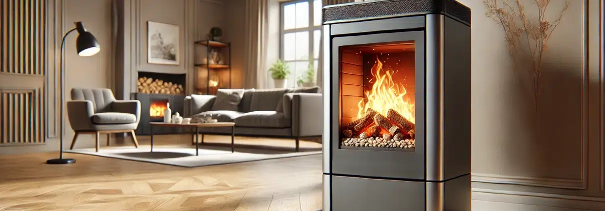 Insert à granulés noir et argent montrant des granulés enflammés, sans bûches, intégré dans un intérieur moderne et chaleureux.