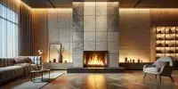 Cheminée avec un habillage mural en carrelage spécial cheminée, dans un salon moderne avec un design élégant et raffiné.