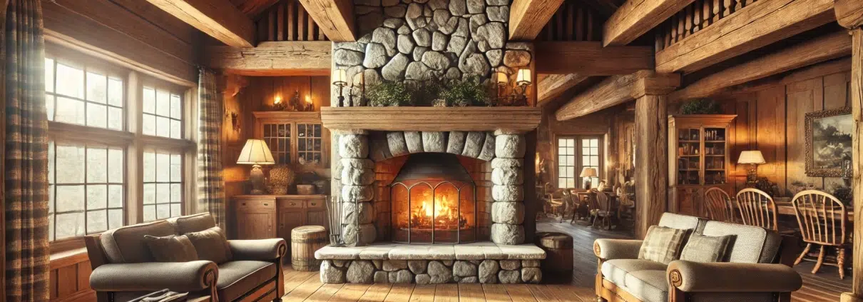 Cheminée traditionnelle en pierre naturelle avec une grande poutre en bois, dans un salon rustique et chaleureux avec une vue élargie.
