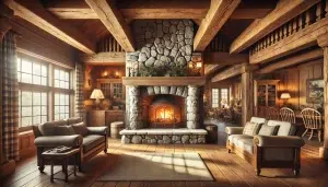 Cheminée traditionnelle en pierre naturelle avec une grande poutre en bois, dans un salon rustique et chaleureux avec une vue élargie.