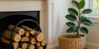 Coin de salon d'été avec des bûches empilées dans une cheminée décorative, panier en osier et feuillage vert