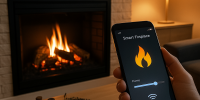 cheminée connectée moderne contrôlée par smartphone avec flamme virtuelle et design contemporain