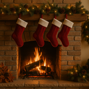 Chaussettes rouges suspendues au-dessus d’une cheminée de Noël en pierre, feu de bois et guirlandes lumineuses avec pommes de pin
