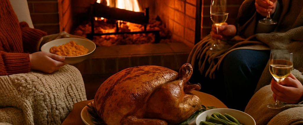 Repas de Thanksgiving autour d’une cheminée, dinde dorée et ambiance chaleureuse au coin du feu